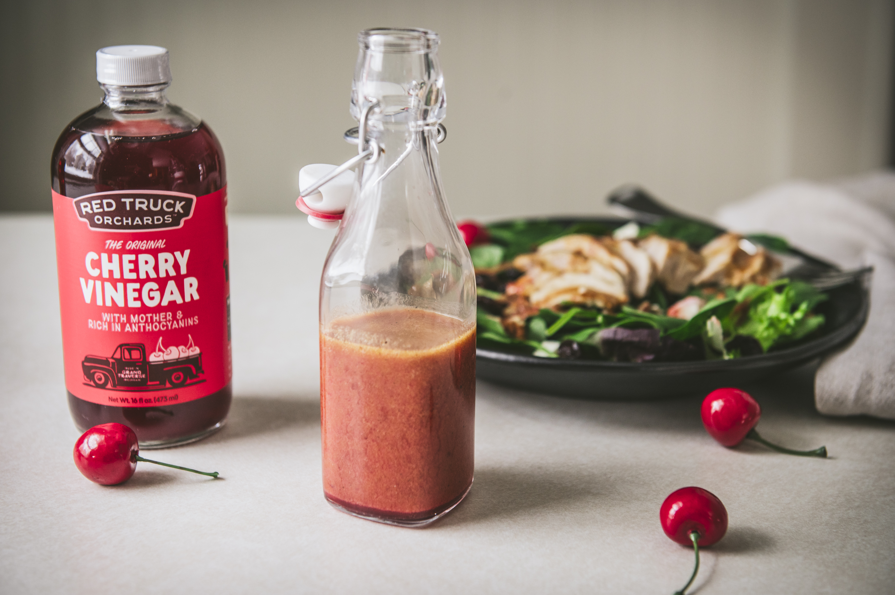 Cherry Vinegar can be used as a 1:1 vinegar replacement in salads, dressings, marinades, and more.