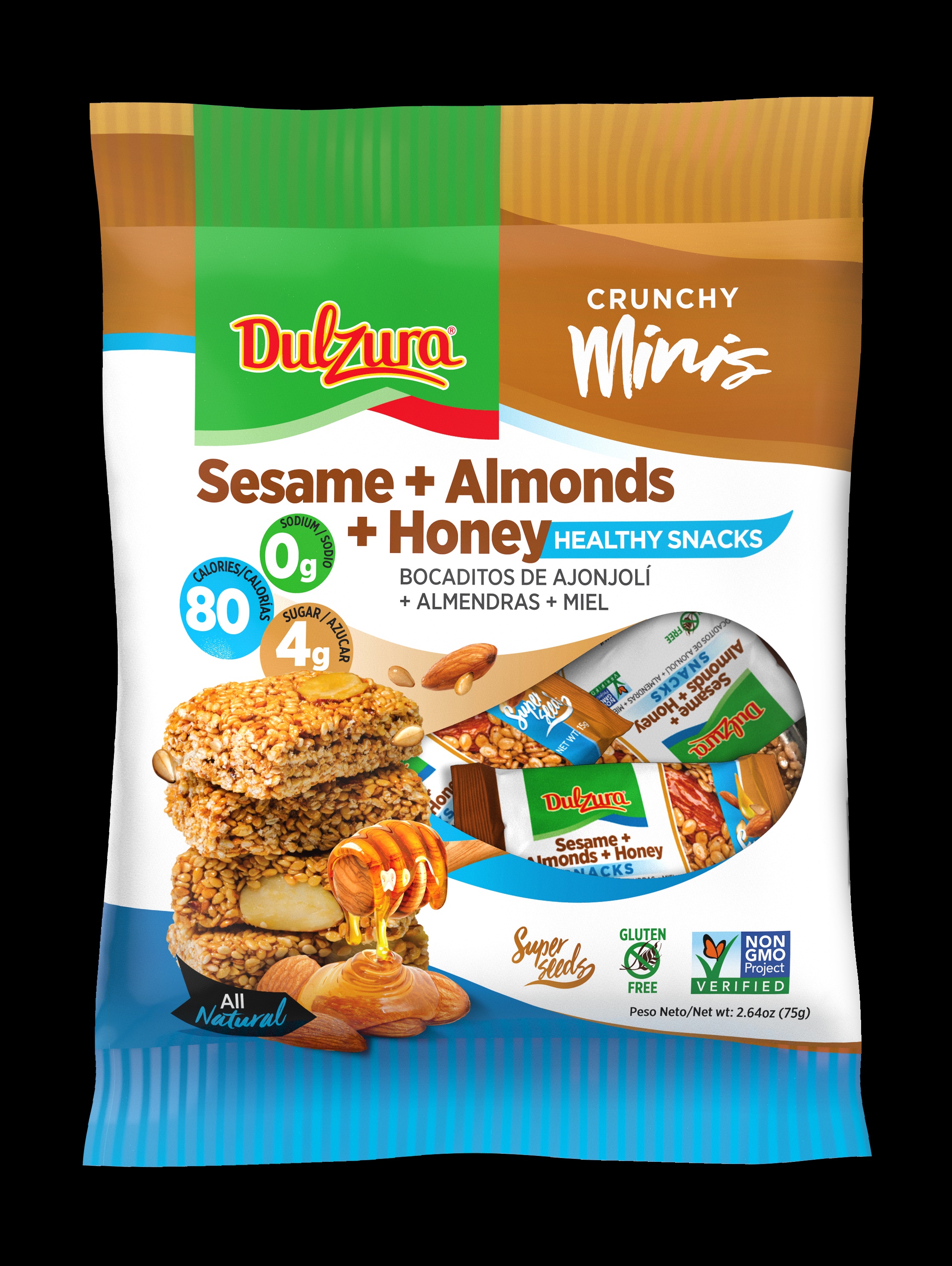 Sesame, honey & almonds, crunchy individual portioned snacks, Gluten free, non gmo, all natural
