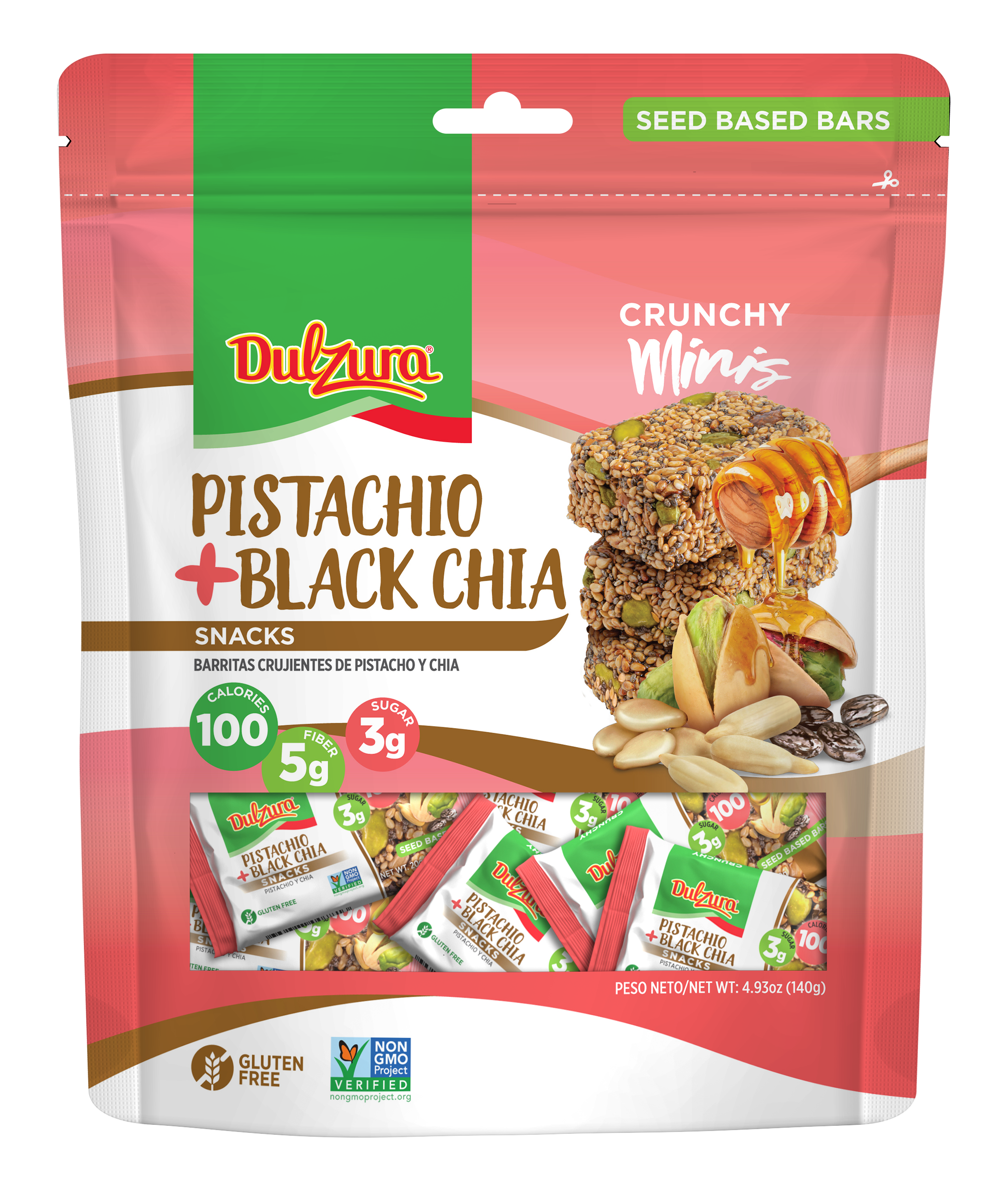 Mix of Seeds and Pistachio bar, with honey, 100 calories, crunchy Gluten free, non gmo, all natural