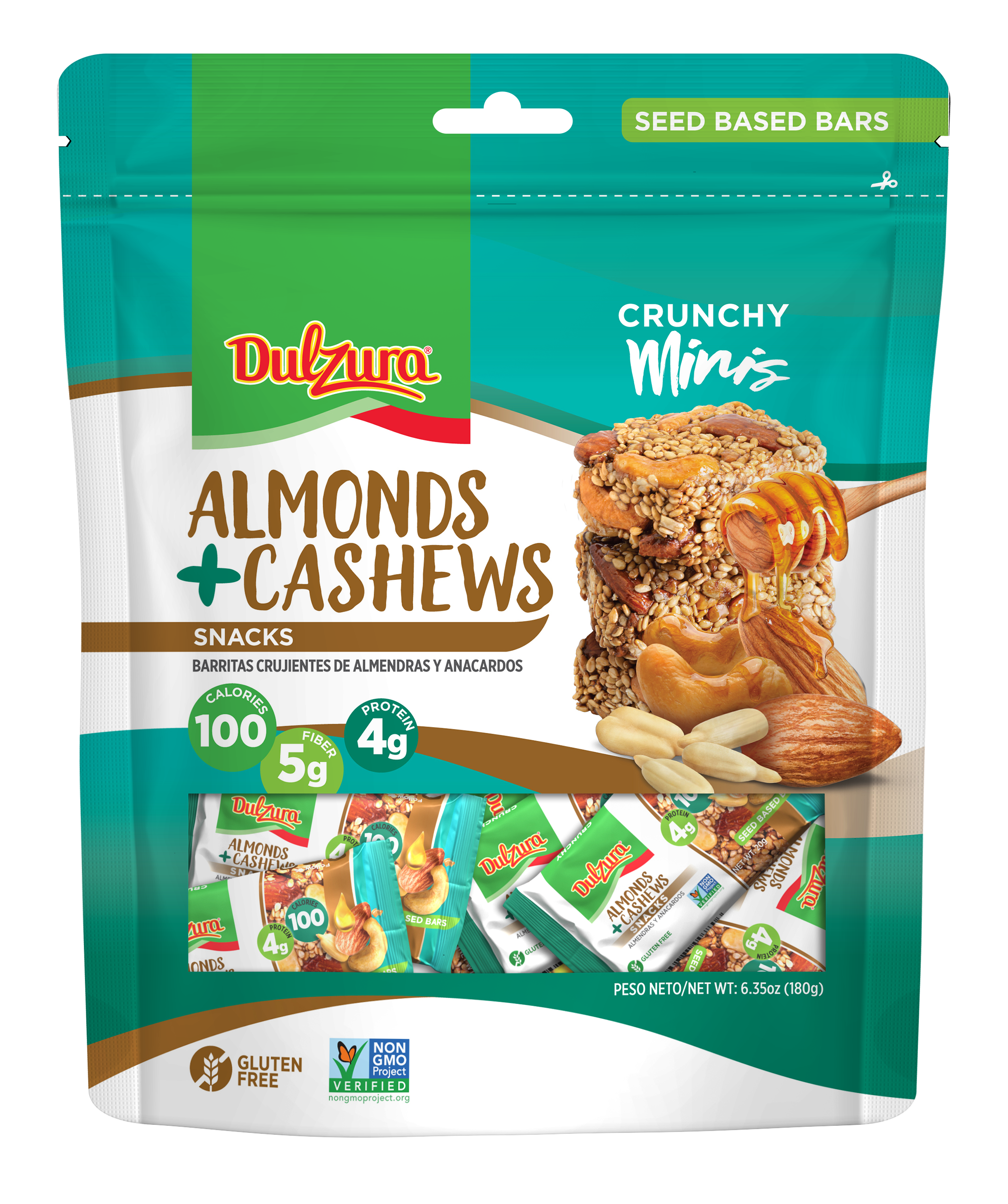 Mix of Seeds and Almonds bar, with honey, 100 calories, crunchy Gluten free, non gmo, all natural